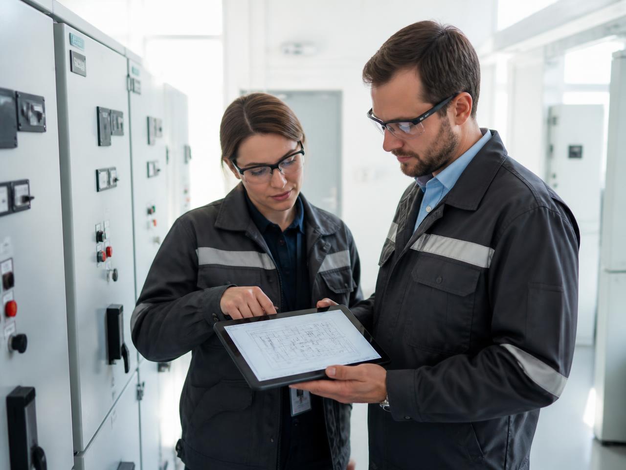 Elektrik projesini tablet üzerinde inceleyen mühendisler
