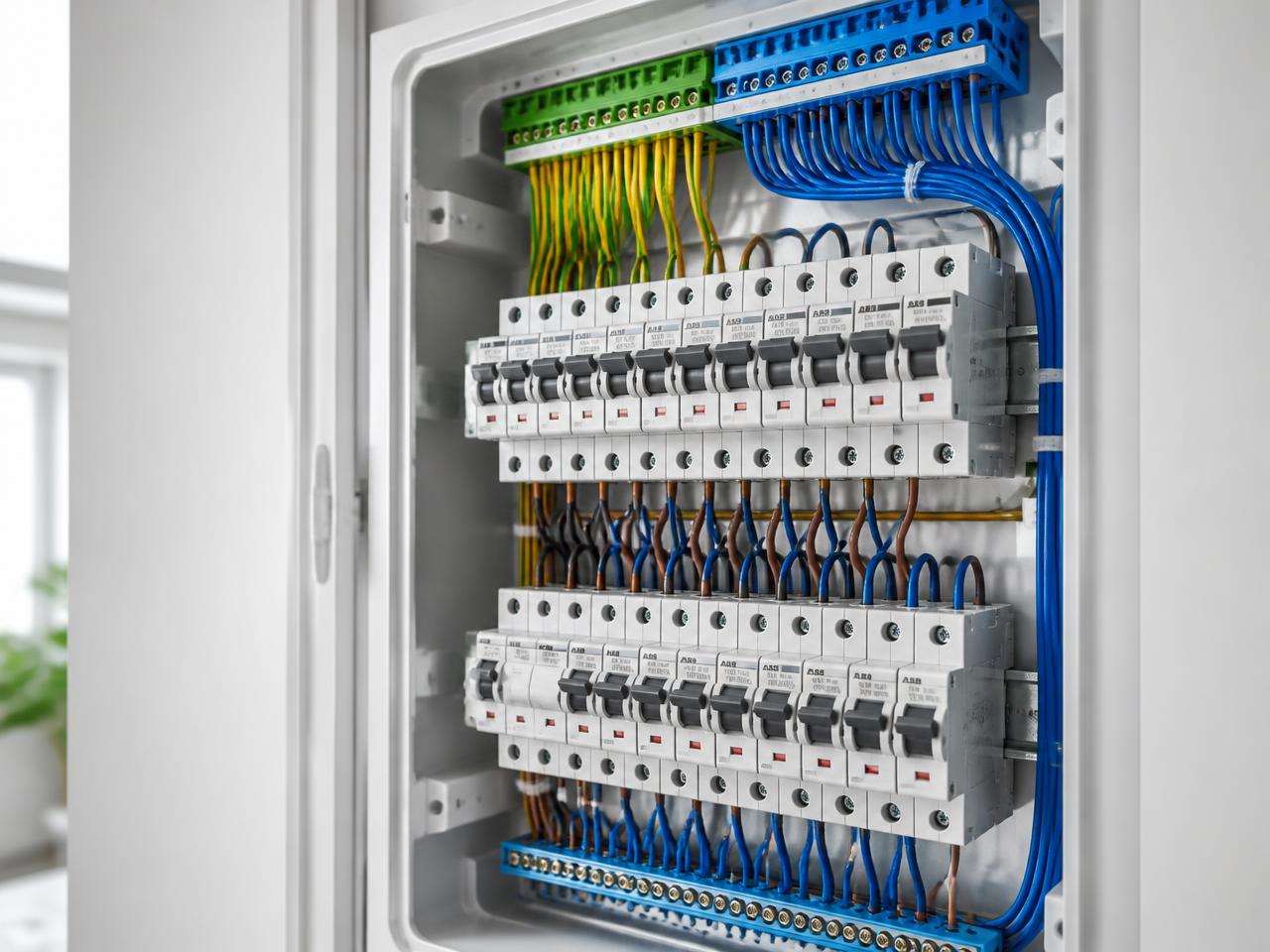 Düzenli kablolanmış modern elektrik panosu