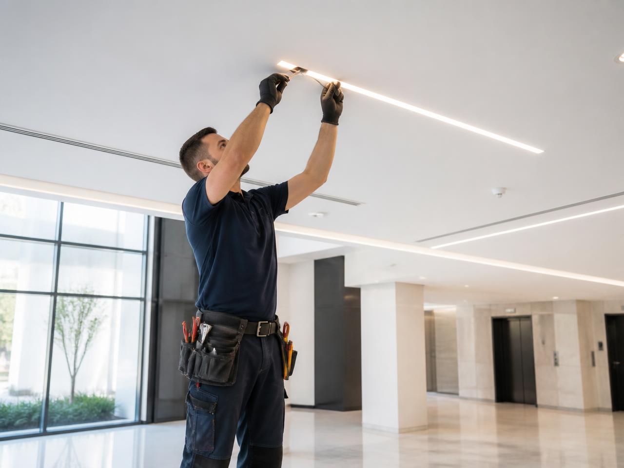 Modern lobide lineer LED aydınlatma montajı